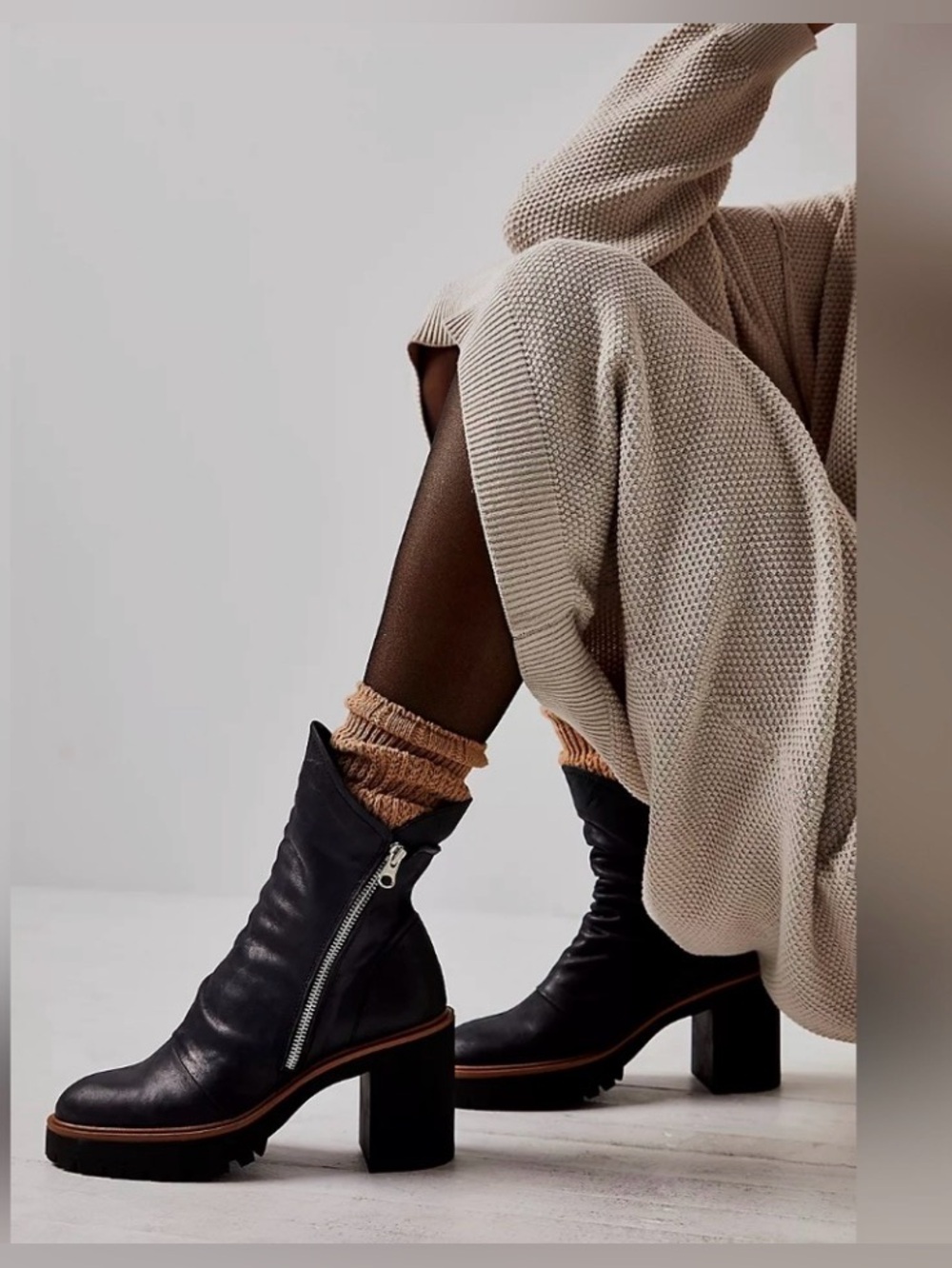 Free People Black Platform Leather Ankle Boots with Side Zip